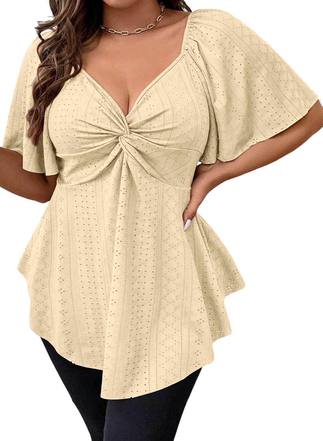 Eytino Womens Plus Size Tops Twist Front V Neck Short Sleeve Eyelet Embroidery Summer Loose Blouse Shirts(1X-5X)