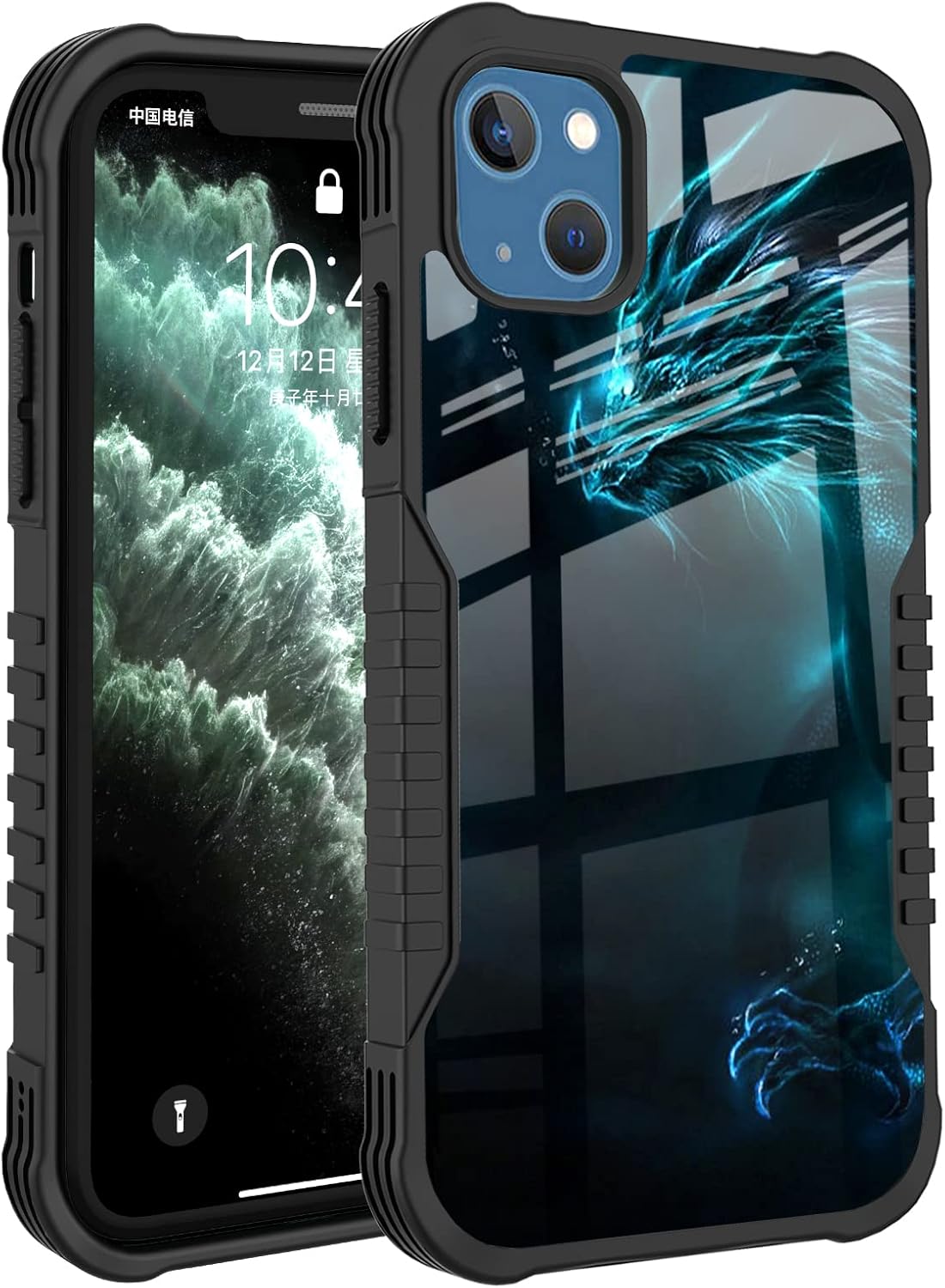 Compatible with iPhone 15 Case for Men Boys, Cool Blue Dragon Design Heavy Duty Anti Slip Shockproof Hard PC Backplane Soft TPU Prevention Protective Case for iPhone 15