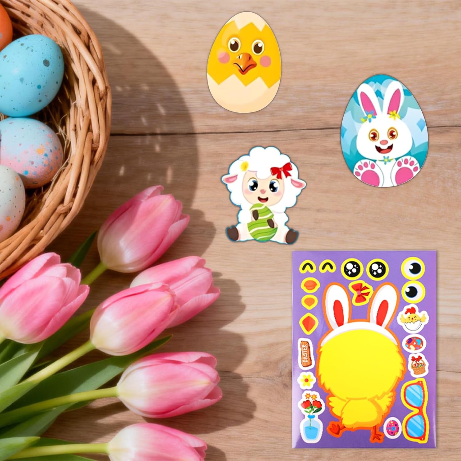 32 Sheets Easter Handmade Stickers, Mixed & Matched with 16 Designed Characters Stickers Books, Your Own Activities Sticker for Kids Boys Girls Holiday Christmas Party Favors, Gift Idea(2 of Each)