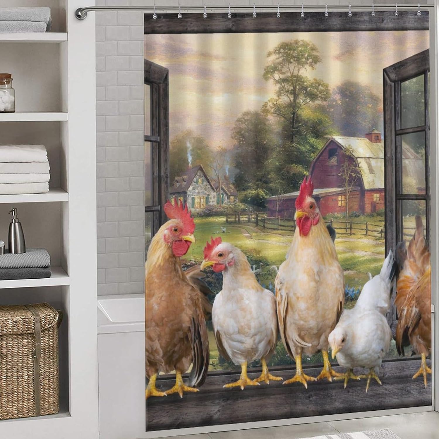 Chicken Shower Curtain, Farmhouse Country Farm Animal Rural Rustic Rooster Lodge Cabin Rural Style Vintage Waterproof Fabric Bathroom Shower Curtain Set with Hooks, 72"x78" Inch