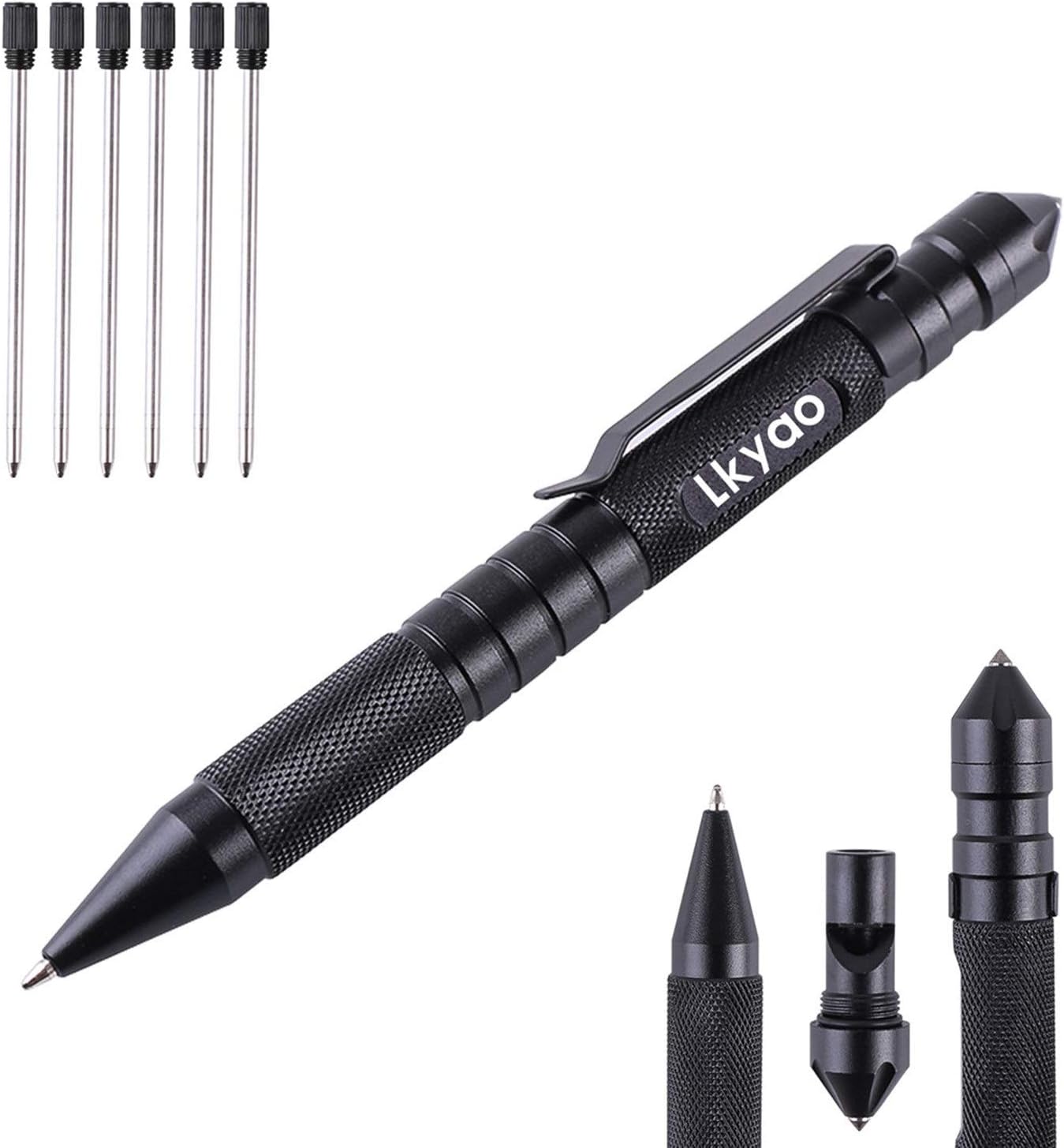 Lkyao professional tactical pen for Self-Defence with 4 ink refills+Emergency whistle,Glass breaker,ballpoint pens Writing Multifunctional Survival Tool-Black color