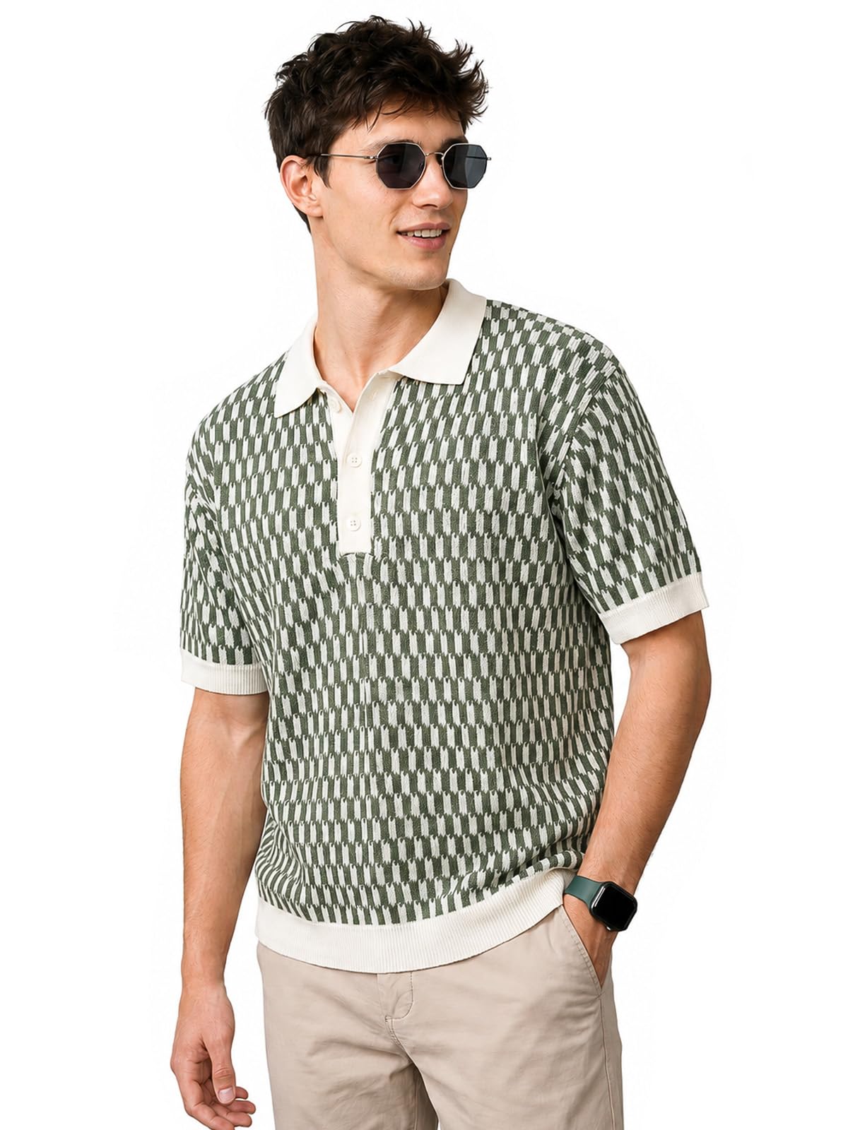 veirdo Men’s Boxy Fit Patterned Polo Oversized T-Shirt with Retro Geometric Texture, Relaxed Short Sleeve Casual Wear for Men, FlatKnit Fabric, (Sizes S to 2XL)-picture-20