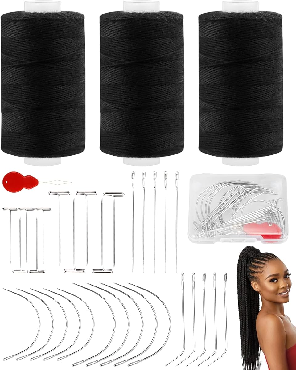 FIVEIZERO 450yd Black Sew in Hair Extension Thread and 30pcs T/C/J/I Needle | 3 Rolls Hair Thread;4-ply polyester weaving thread;Hair Weave Threads for Hair Extensions,Hand Sewing & Making Wigs DIY