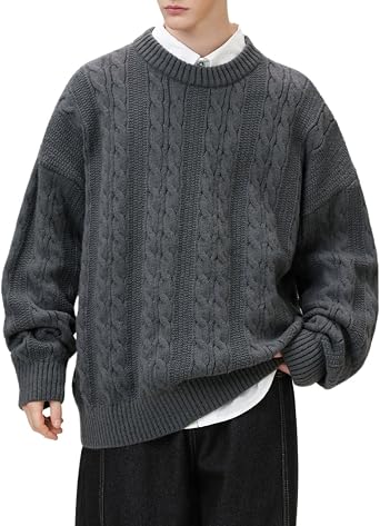 POHADON Mens Oversized Cable Knit Sweater Vintage Grandpa Aesthetic Grunge Pullover Tops Fall Winter Y2k Trendy Clothes