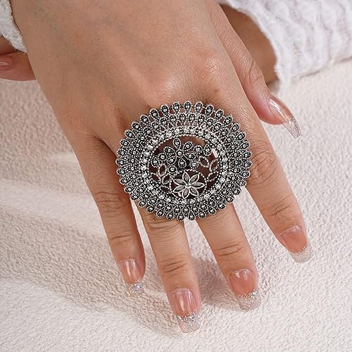 Miniatura 3 de Jumwrit Anillo redondo grande con diamantes de imitación, anillo de envoltura abierta, anillo vintage con flor grabada, anillo de dedo ajustable