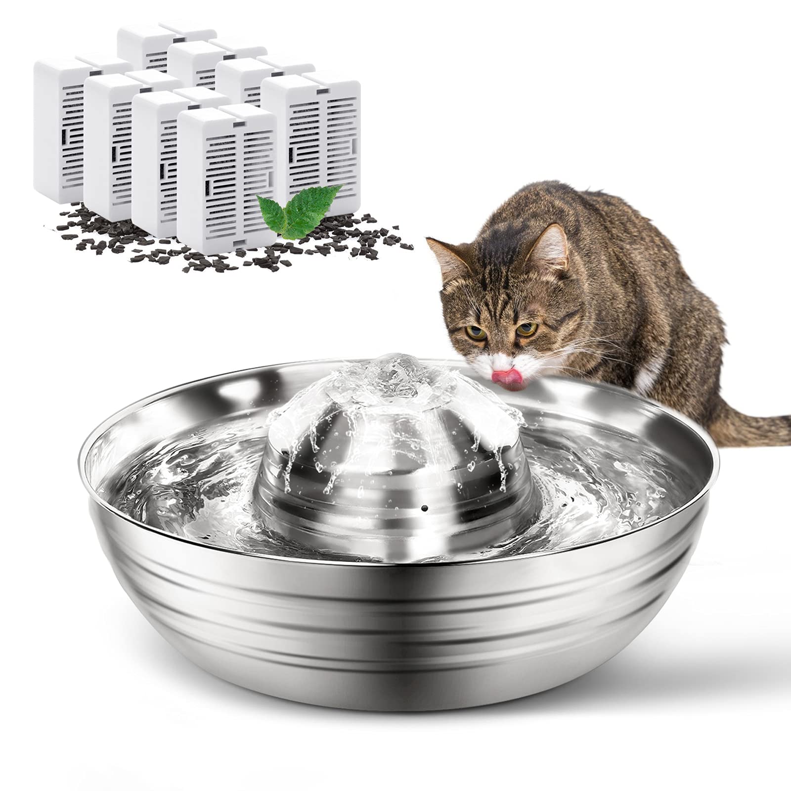 Buy OPOLEMIN Stainless Steel Cat Water Fountain with 8 Replacement Filters, 67oz/2L Cat Water