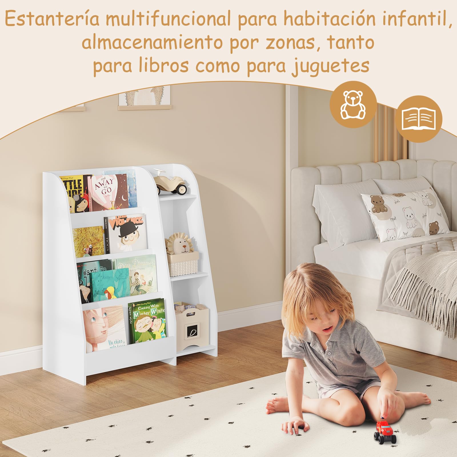 Lestarain Librería Infantil, Divertida Forma Casita, Estantería Libros para Niños con 6 Compartimientos, Organizador de Juguetes con Patas de Madera Maciza, Blanco, 60x30x64,5 cm