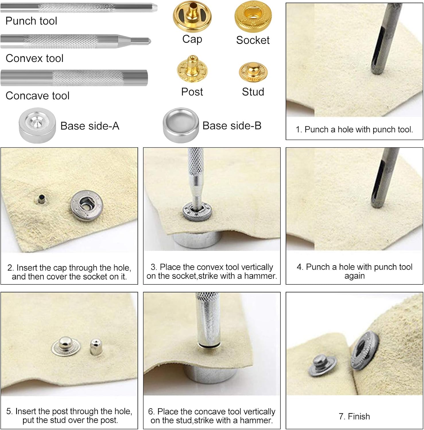 EEEKit 150 Set Snap Fasteners Kit for Leather, 0.49 inch Metal Button Snaps Press Studs with 4 Setter Tools, 6 Color Leather Snaps for Clothes, Jackets, Jeans Wears, Bracelets, Bags