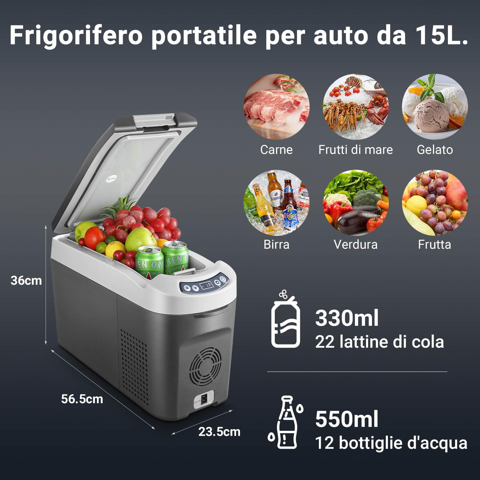 AAOBOSI 15L Frigo Portatile per Auto, 12/24V Frigorifero Portatile Elettrico, Elettrico Frigo per Auto，Camion，Picnic e Campeggio. Contenitore Refrigerante da -20℃ a 20℃
