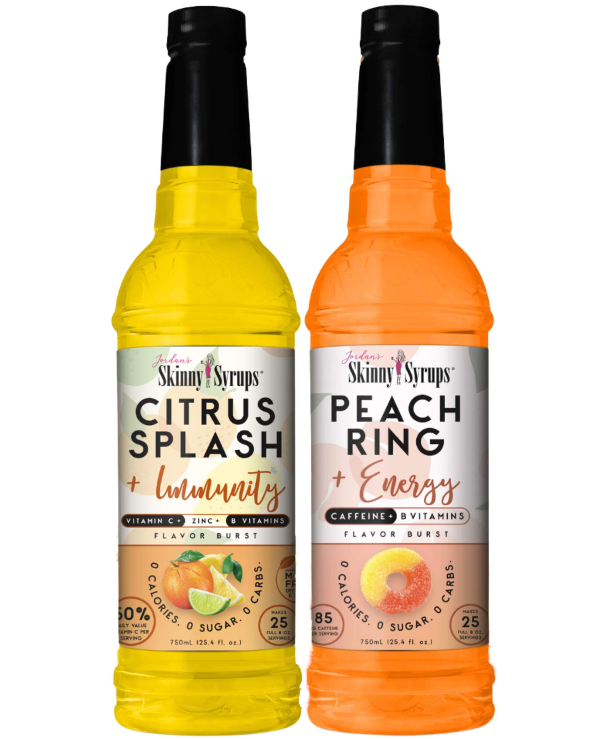 Jordan's Skinny Syrups Sugar Free Citrus Splash + Immunity and Peach Ring + Energy with By The Cup Coffee Coasters