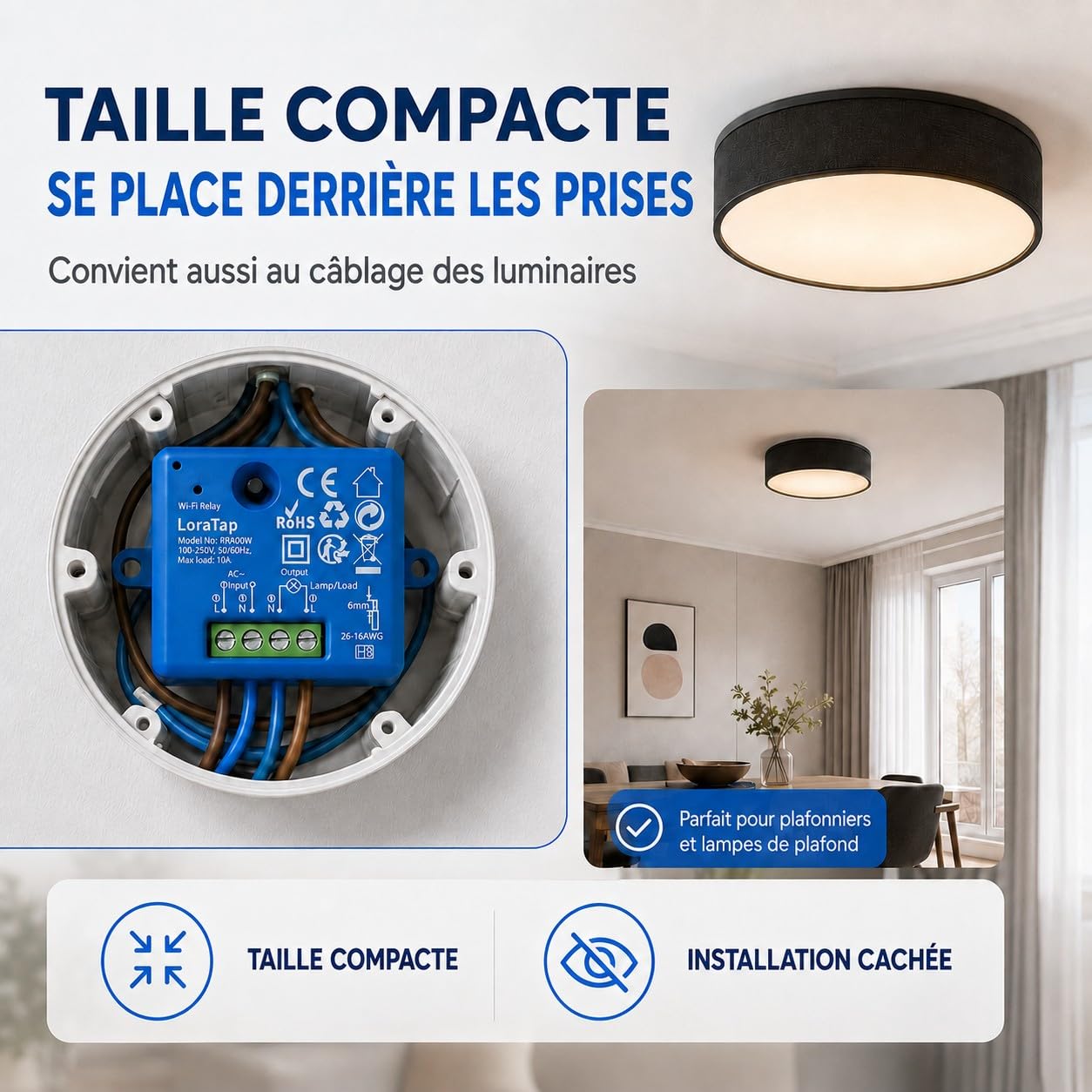 LoraTap Lot de ２ Interrupteur WiFi Alexa Sans Fil, MINI TAILLE, Récepteur 2500W 10A, Commutateur Connecté Intelligent, Commande à Distance Par Téléphone, Relais Compatible avec Google Home IFTTT