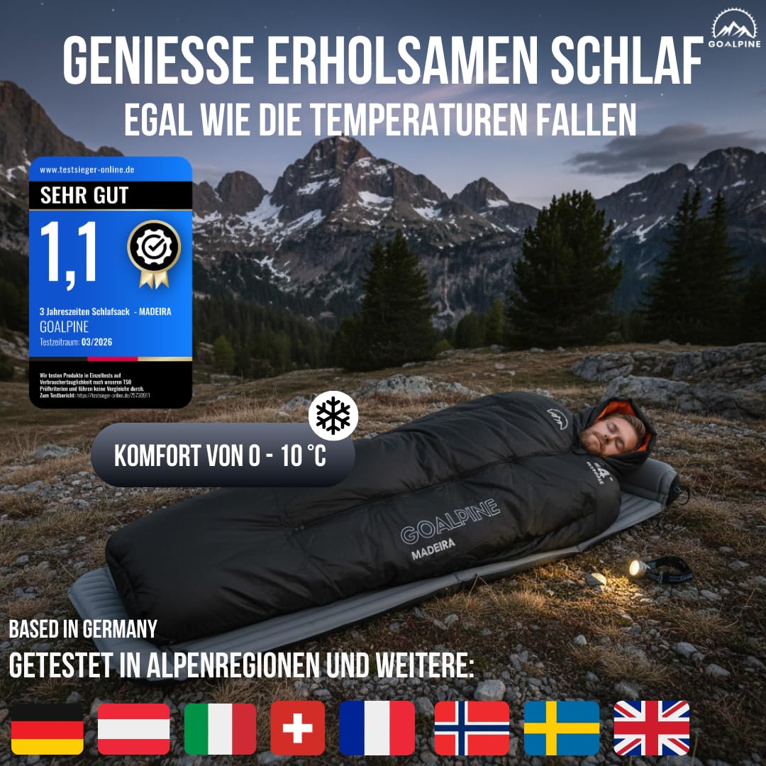 GOALPINE® Madeira Schlafsack für große Personen | 4 Jahreszeiten | mit Armöffnung | 400 GSM 0-10 Grad Komfort | wasserabweisend | kleines Packmaß | Atmungsaktiv | Mumienschlafsack | Trekking
