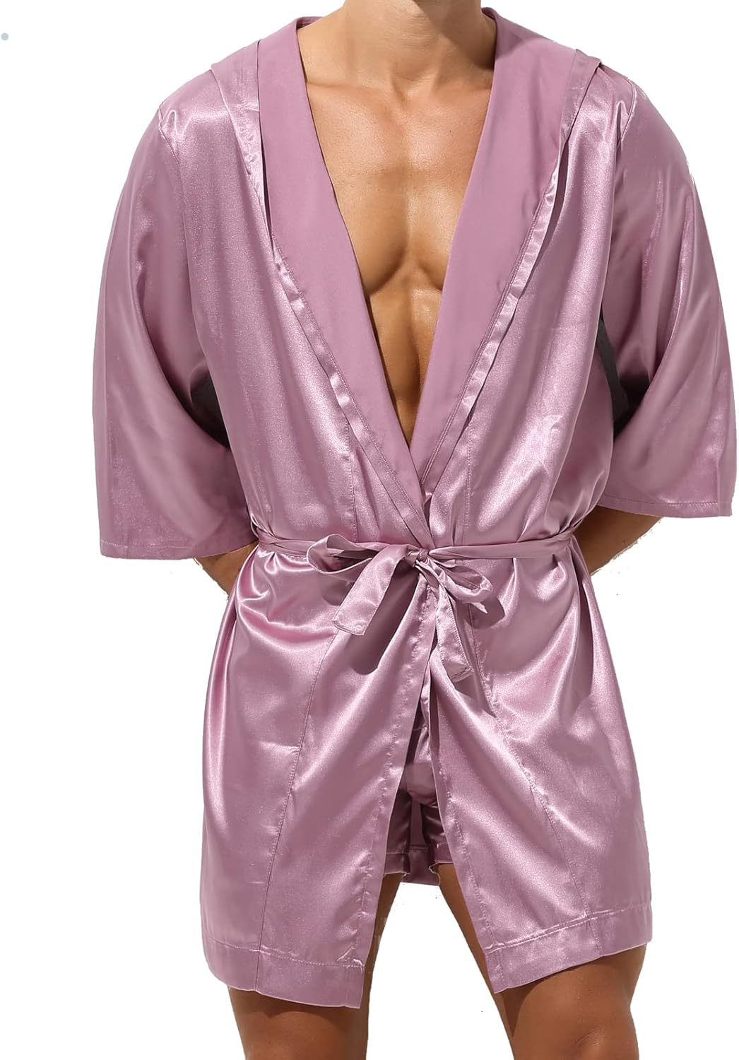 YUFEIDA Mens Satin Robe Silky Bathrobe with Shorts Lightweight Sleepwear Luxurious Pyjama Set Hooded Nightgown with Shorts