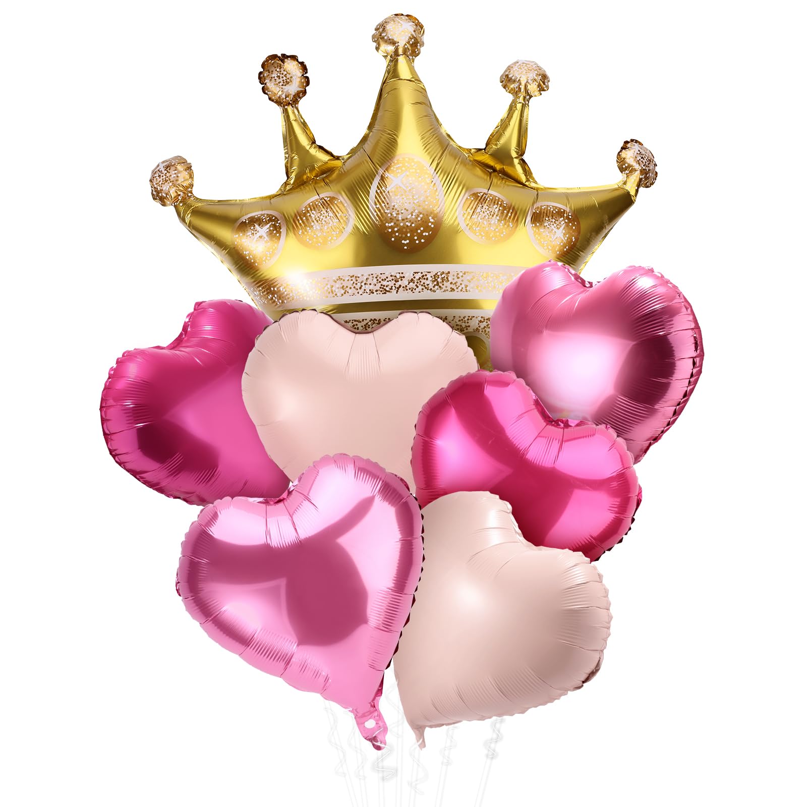 Lyreh 7pcs Heart Crown Balloons, Mixed Pink Aluminum Film Heart Shape Balloons Gold Crown Balloon Princess Decorations for Birthday Party Wedding Baby Shower