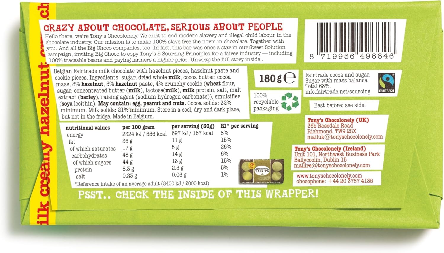 Tony's Chocolonely Milk Chocolate Bar, Creamy Hazelnut Crunch Flavour 180g, Perfect Combo (Product Of UK) Get Flavourito Kunafa Chocolate 20g Absolutely Free From DECADENT FOODS