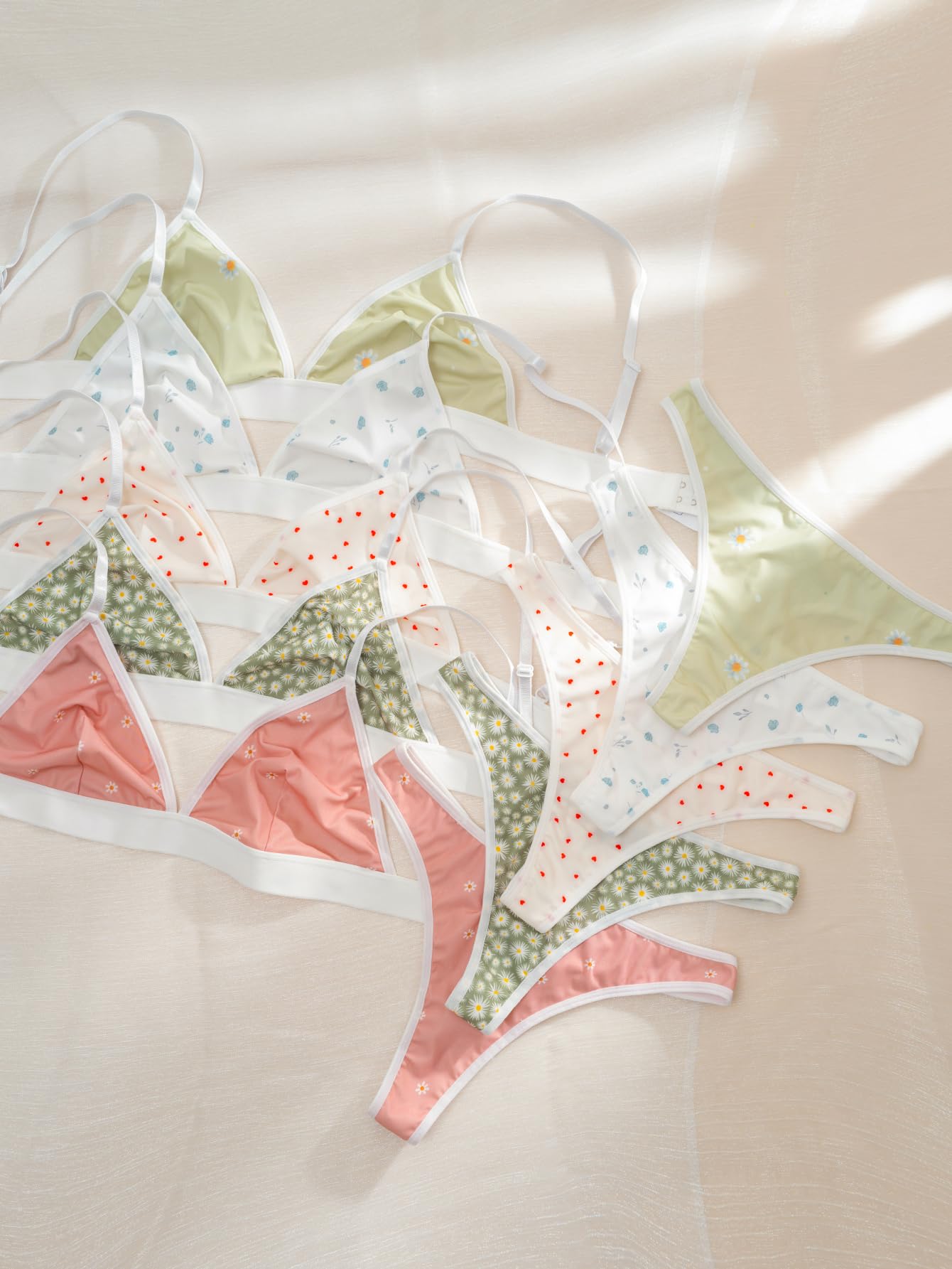 BEAUDRM Women's 5 Sets Matching Bra and Panty Set Polka Dots Print Lingerie Set Triangle Bralettes and Low Rise Thong Set