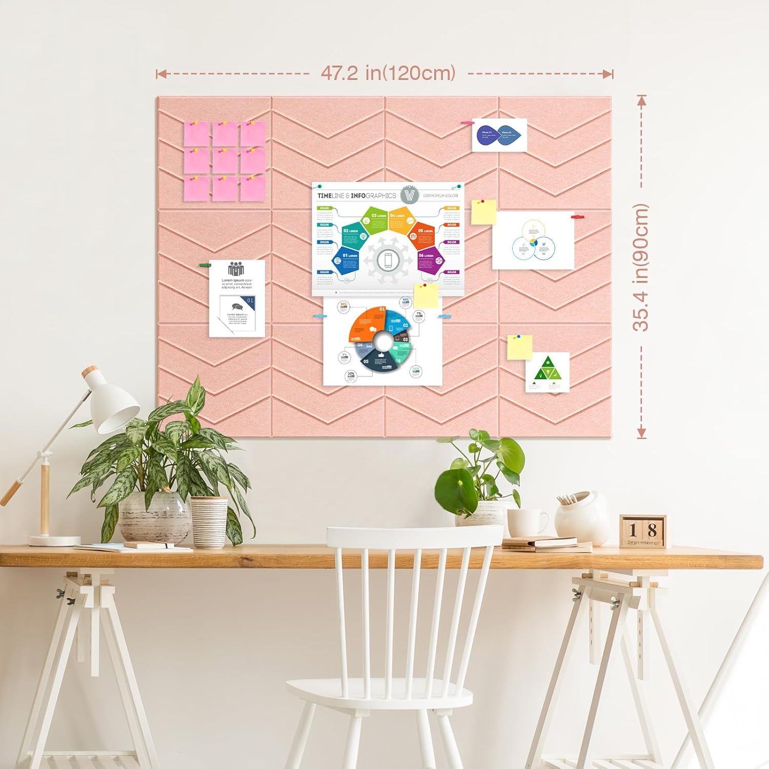 Large Cork Board 48"x36", 12 Pack Felt Bulletin Board for Walls Cork Boards Tiles with Sticky Notes, Push Pins & Clips,Tack Board for Office Home Pink