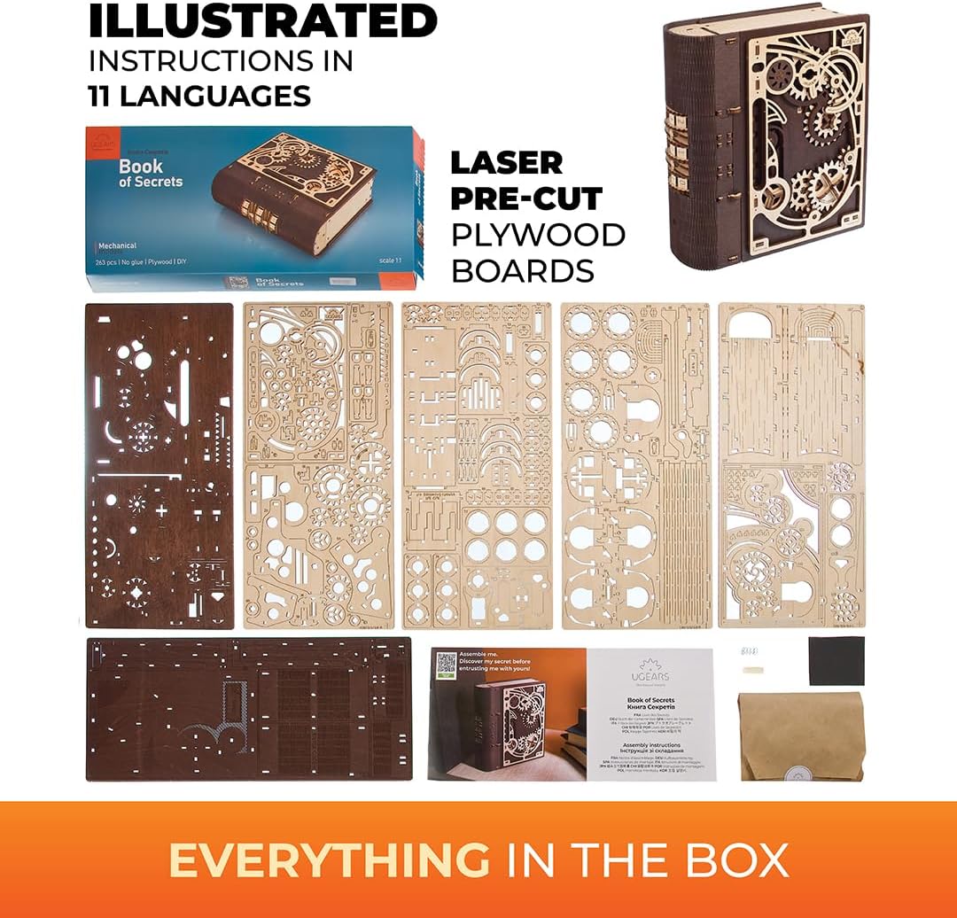 UGEARS Wooden Model Kits for Adults to Build - Book of Secrets 3D Wooden Puzzles for Adults with Steampunk Combination Lock – DIY Mechanical Puzzle Books for Adults – Medium Difficulty 263 Pcs