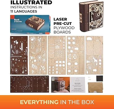 UGEARS Wooden Model Kits for Adults to Build - Book of Secrets 3D Wooden Puzzles for Adults with Steampunk Combination Lock DIY Mechanical Puzzle Books for Adults Medium Difficulty 263 Pcs