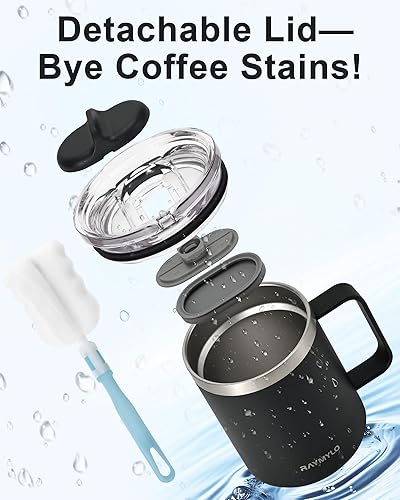 Miniatura 5 de Taza de café aislada de 12 onzas, taza de café de acero inoxidable de doble pared con tapas, tapa deslizante desmontable y a prueba de fugas para