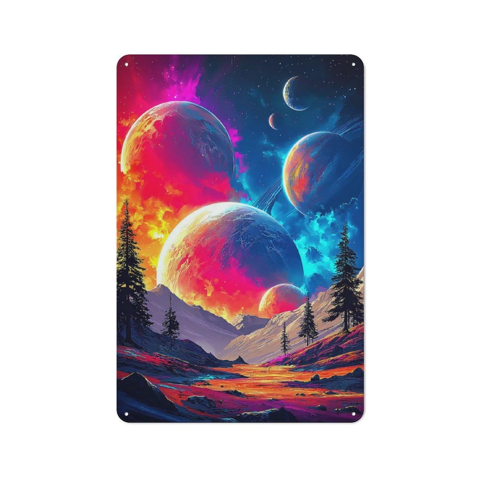 Junmoney Planetary Wonderland A Surreal Landscape Tin Sign With Design 30X20cm, Vintage Workshop Wall Decor For Tool Room, Garage, Studio Or Home Bar