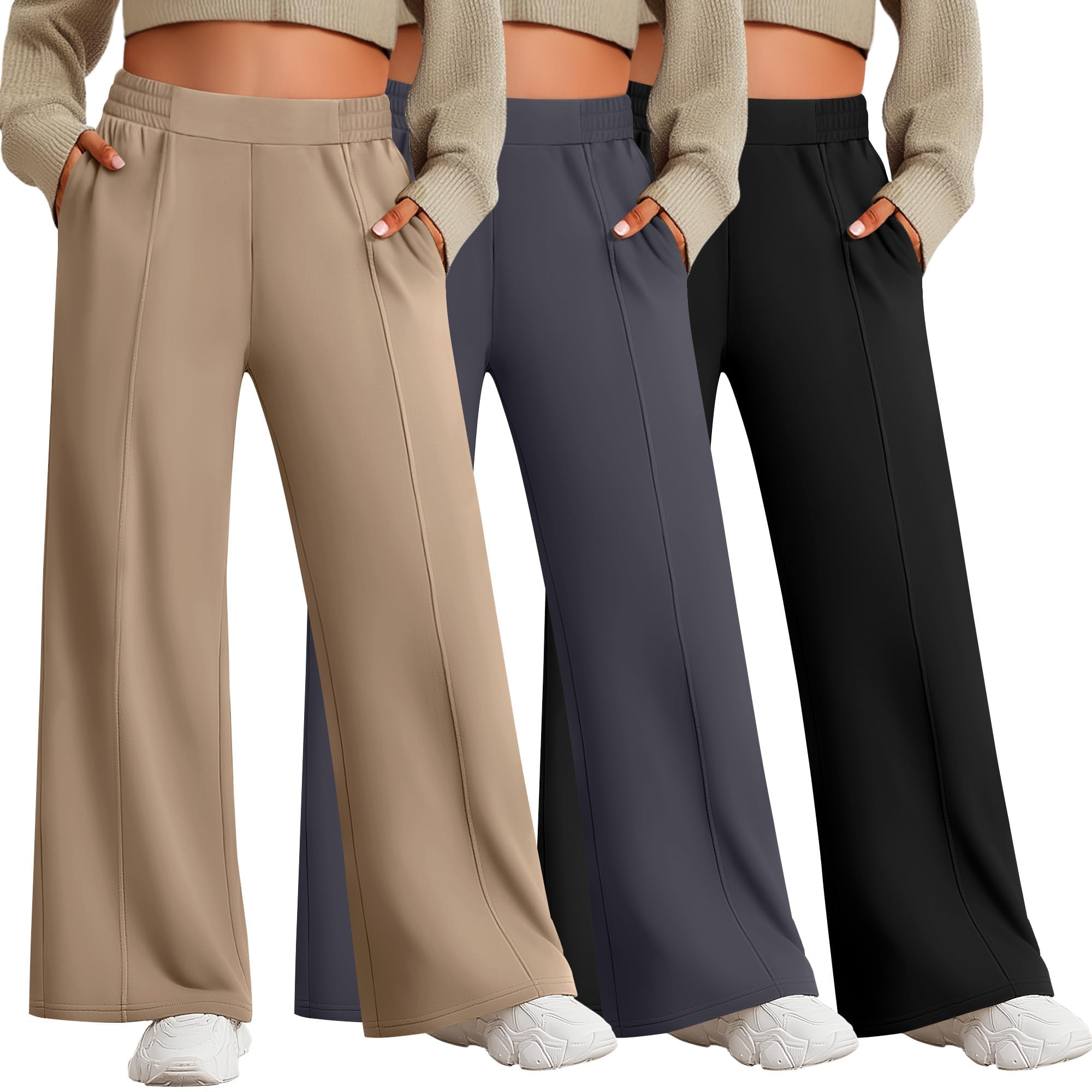3-Pack Plus Size Pants for Women Wide Leg High Waist Lounge Pants Stretchy Casual Sweatpants with Pockets