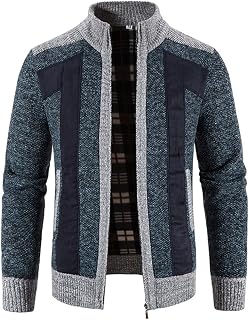 WINDEHAO Plus Size 4XL Winter Men's Stand-up Collar Stitching Plus Fleece Jumper Knitwear,Casual Zipper Long Sleeve Cardigan Jacket
