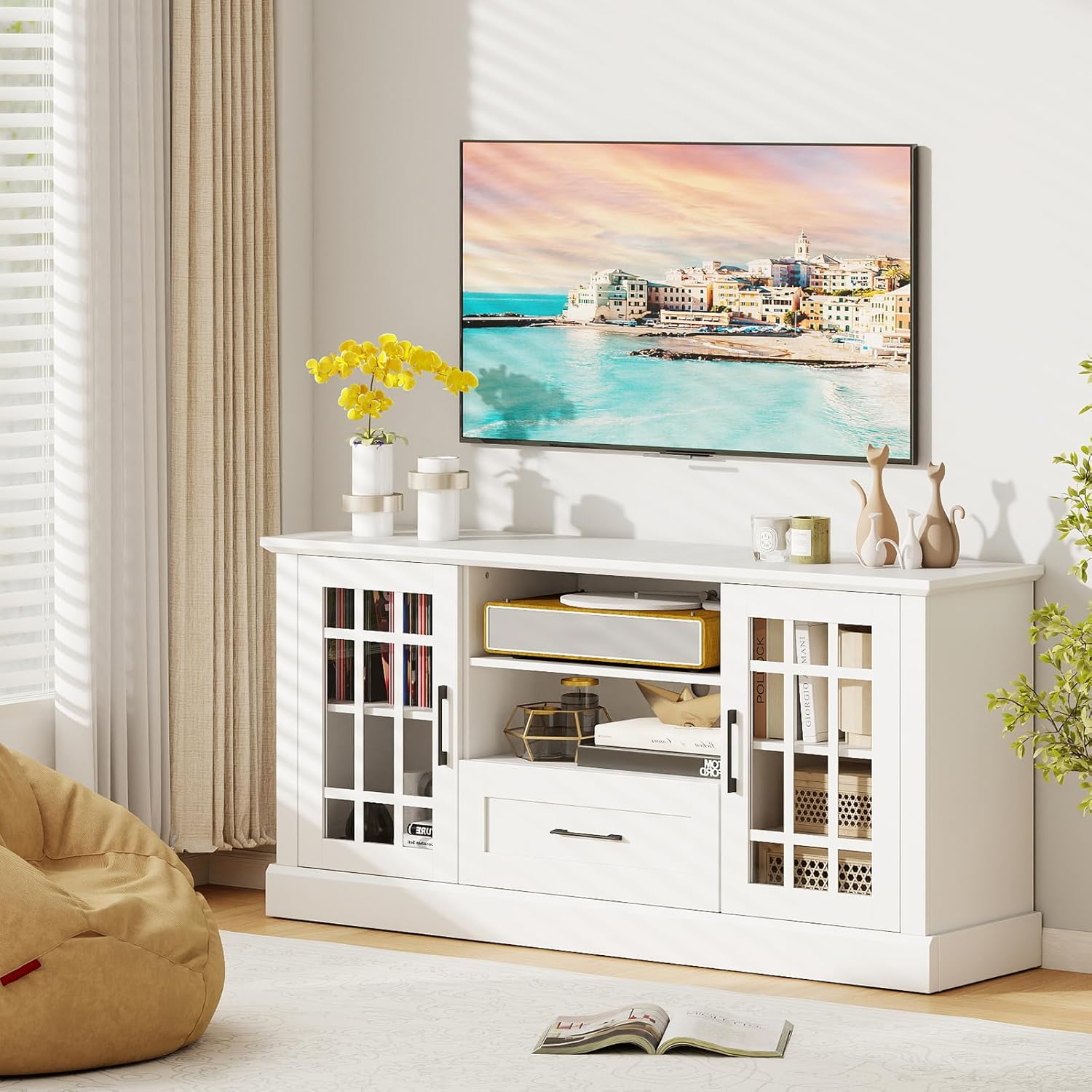 LOKO 62 Inch TV Cabinet, Media Console Table w/ 2 Glass Door Cabinets & Drawer, Fit TVs up to 70”, Cable Management Holes, Farmhouse Style TV Stand for Living Room, Bedroom (White)