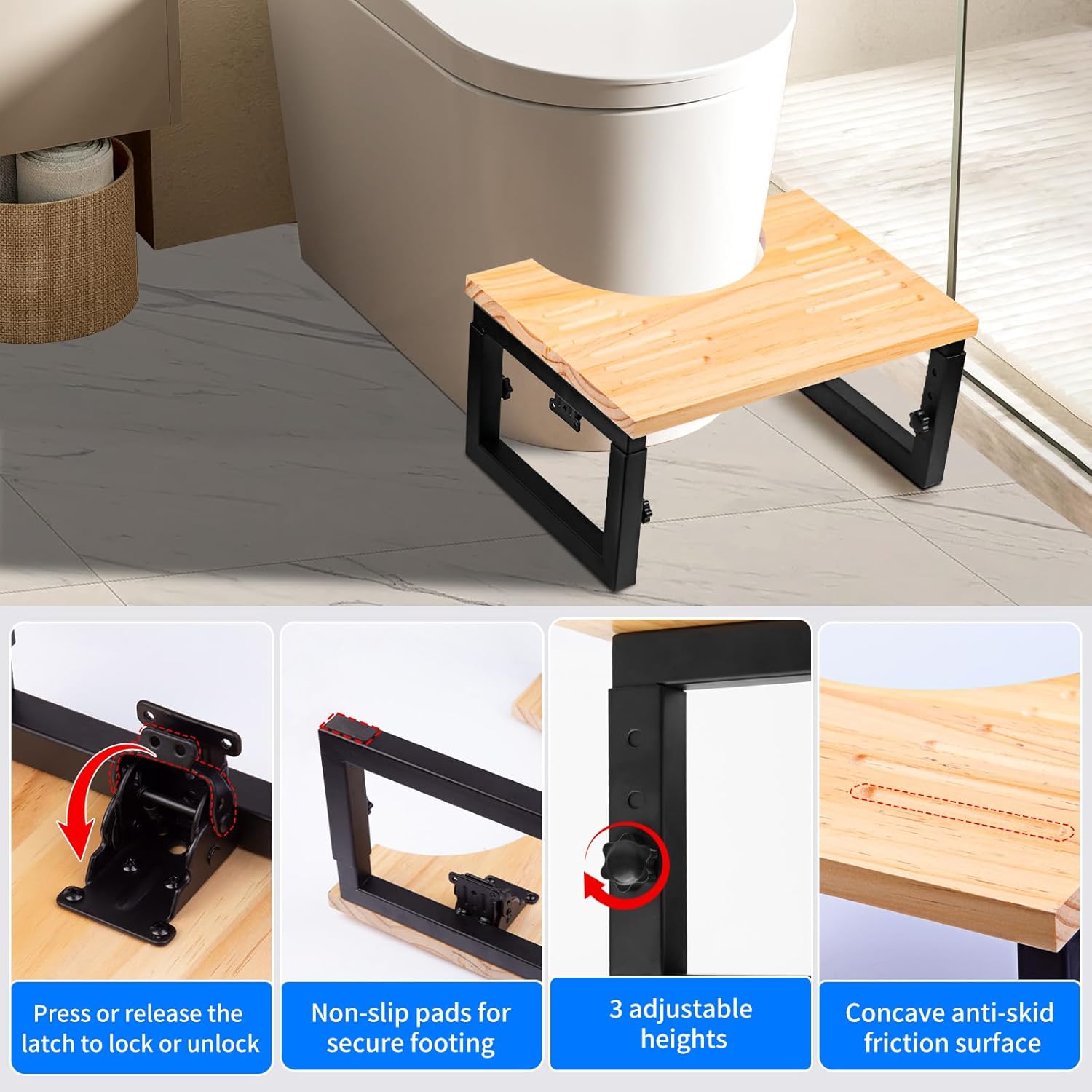 Bamboo Toilet Stool Foldable -7"&9" Adjustable Height Squatting Pool Stool for Bathroom Sink, Kitchen, Bedroom,Toilet Stool Squat Adult and Kids,Potty Stool with Anti-Slip Strip,Up to 500 lbs