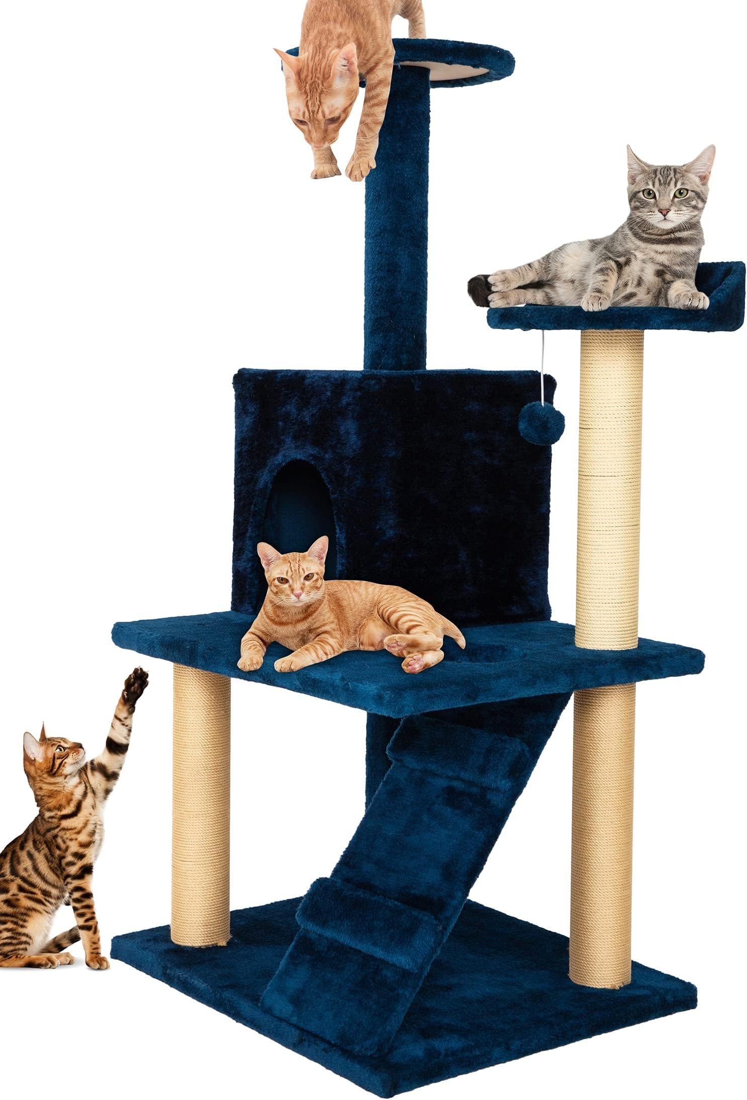 Callas Large Cat Tree Tree with Sisal Scratching Posts, Dangling Balls, Stairs and 1 Big House | Cat Tower Furniture Kitty Activity Centre Kitten Play House | Only for Kittens ( 401-Dark Blue)