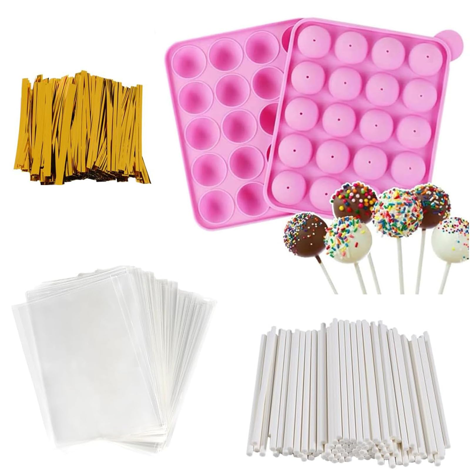 221Pcs Cake Pop Kit - Silicone Cake Pop Mould with 20 Sticks, 100 Bags & 100 Twist Ties, Complete Set for Cake Pop Maker, Lollipop, Chocolate and Baking