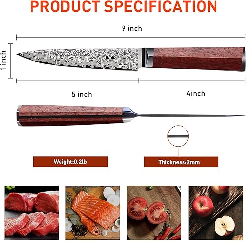 Vista 43 de Santoku - Cuchillo de cocina profesional VG-10 de 7 pulgadas con núcleo de corte de 67 capas, cuchillo de chef con mango hexagonal de madera natural