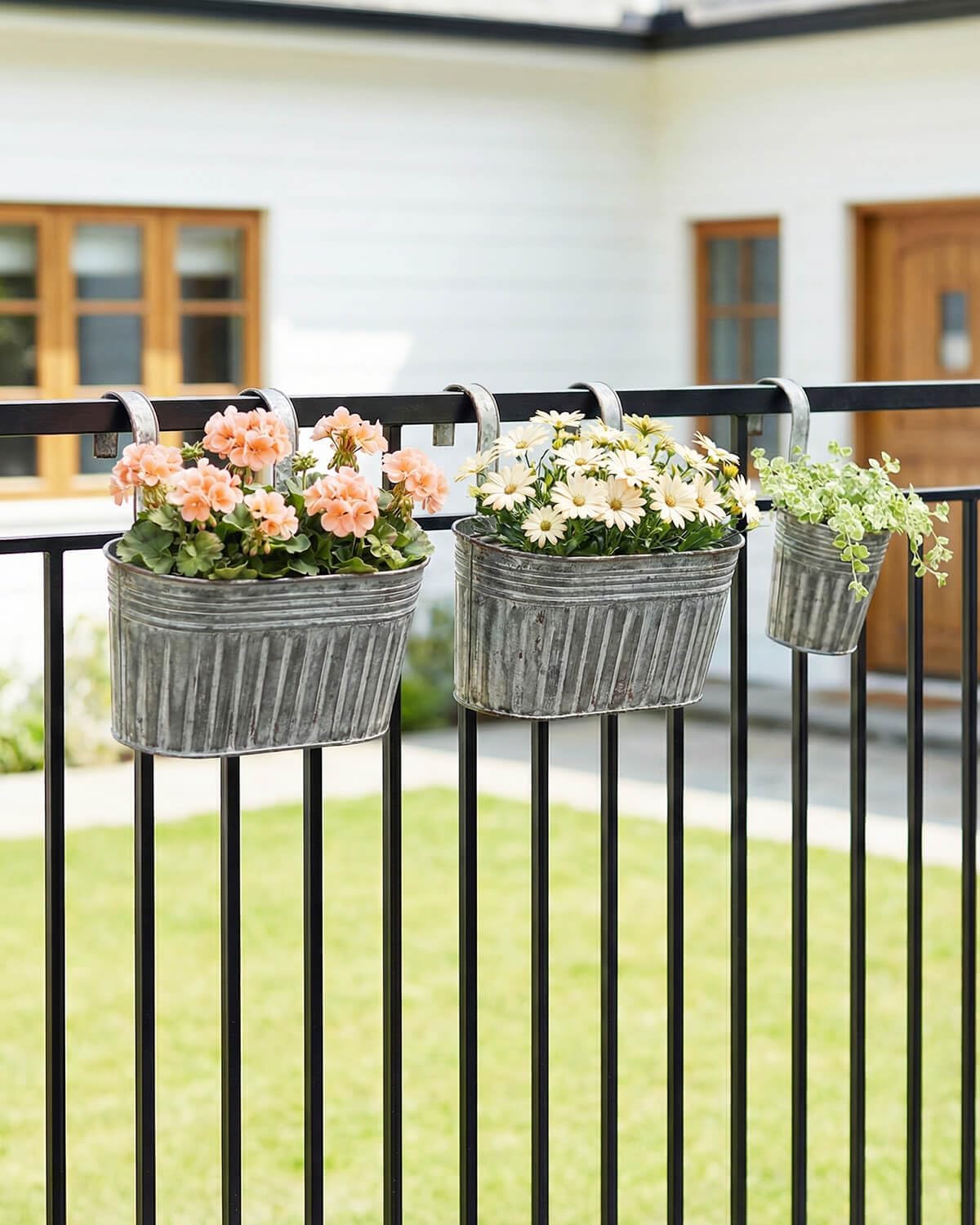 Galvanized Metal Railing Planter for Outdoor Plants - 6 Pack Balcony Hanging Flower Pots with Detachable Hooks and Drain Holes Oval Bucket Rail Box Fence Planters for Home Garden Decor (11 & 4 Inch)