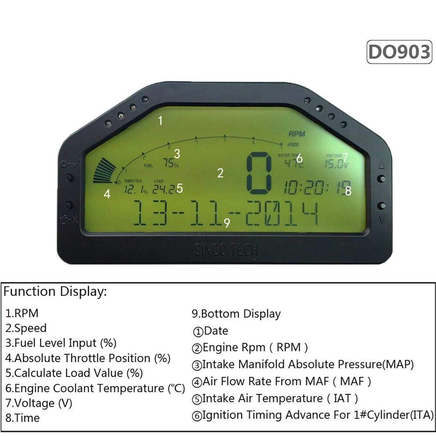 9 in 1 Race Display Full Sensor Kit Dashboard Screen Rally Gauge Tachometer DO903