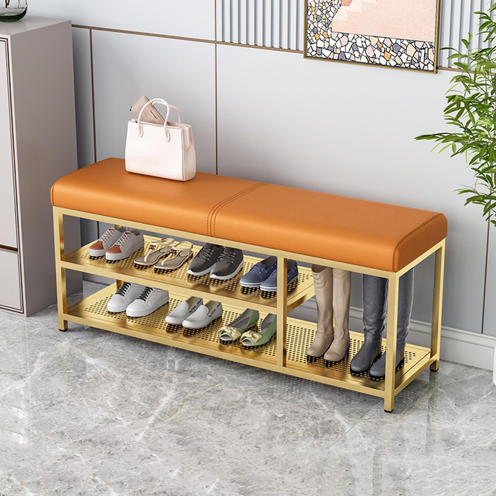 GDMDPTE Stylish Upholstered Shoe Rack Bench with Cushioned PU Leather Seat & Sturdy Metal Legs 100cm Shoe Storage nizer for Entryway & Living Room ge Gold