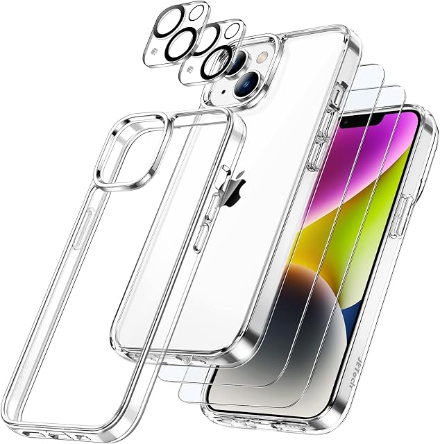 JETech [3 in 1] Case for iPhone 14 6.1-Inch, with 2-Pack Screen Protector and Camera Lens Protector, Non-Yellowing Shockproof Bumper Phone Cover, Full Coverage Tempered Glass Film (Clear)