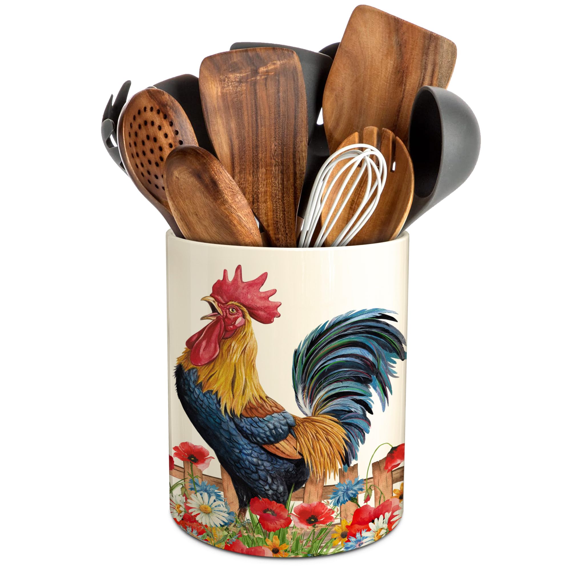 Hexagram Rooster Decor Utensil Holder, Rooster Chicken Kitchen Decor Ceramic Utensil Holder for Farmhouse Chicken Kitchen Decorations Indoor Rustic