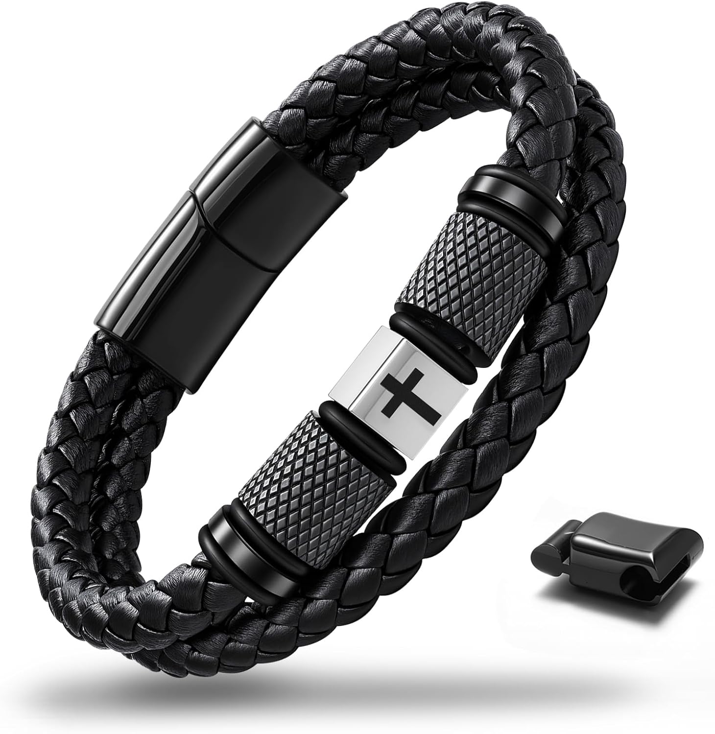 Christian Cross Bracelet for Men, Double-Row Braided Genuine Black Leather Multi-layer Cuff Bracelet Adjustable Wristband, Catholic Religious Jewelry Baptism Easter Gifts for Young Men Teenage