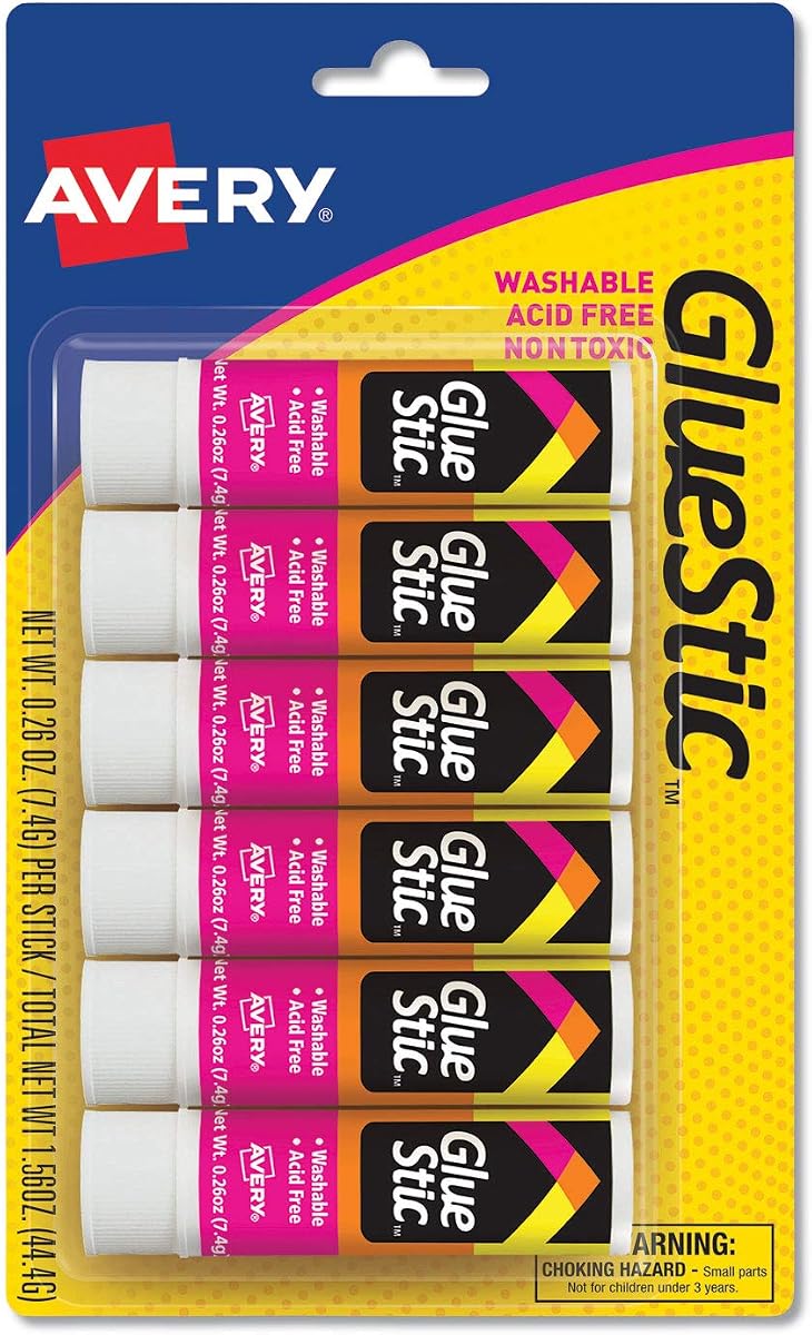 Avery 98095 Permanent Glue Stics, White Application.26 oz, Stick, 6/Pack