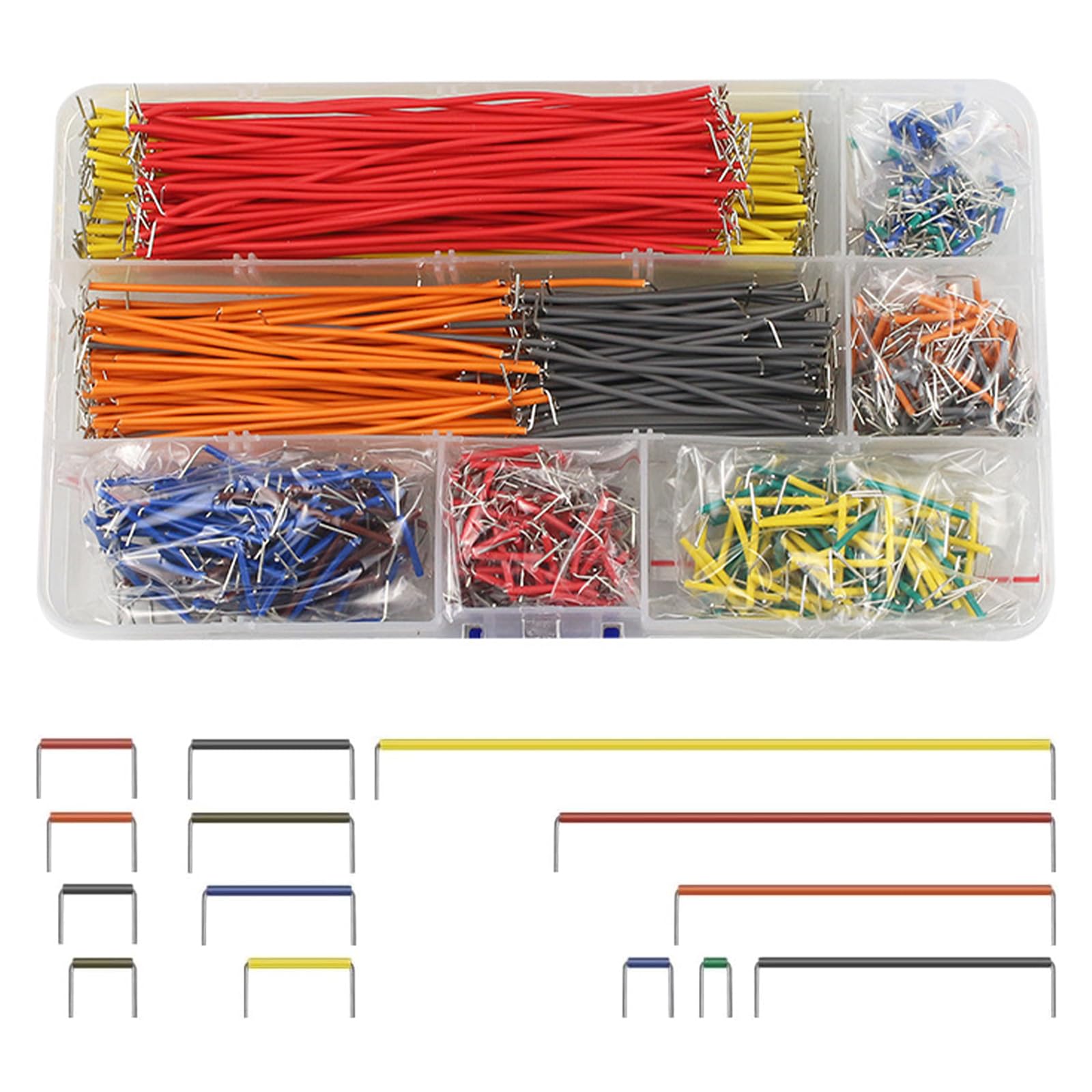 560 szt. skoczek do Breadboard męski na męski, 14 różnych długości, kabel łączący do deski do krojenia, zworki do krojenia chleba, długość pudełka do przechowywania, przezroczysta skrzynka do