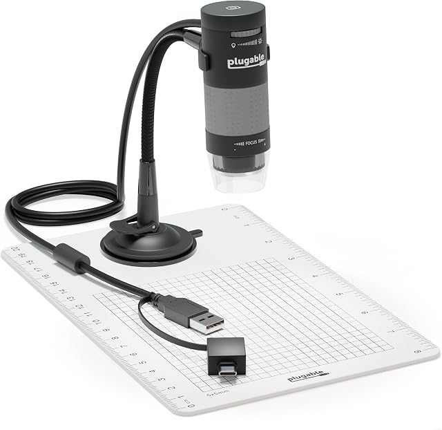 Plugable USB Digital Microscope 250x, 2MP Micro Camera with Flexible Arm Stand - Handheld USB & USB-C Microscope, Windows, Mac, ChromeOS, Linux, Android, iPad Compatible