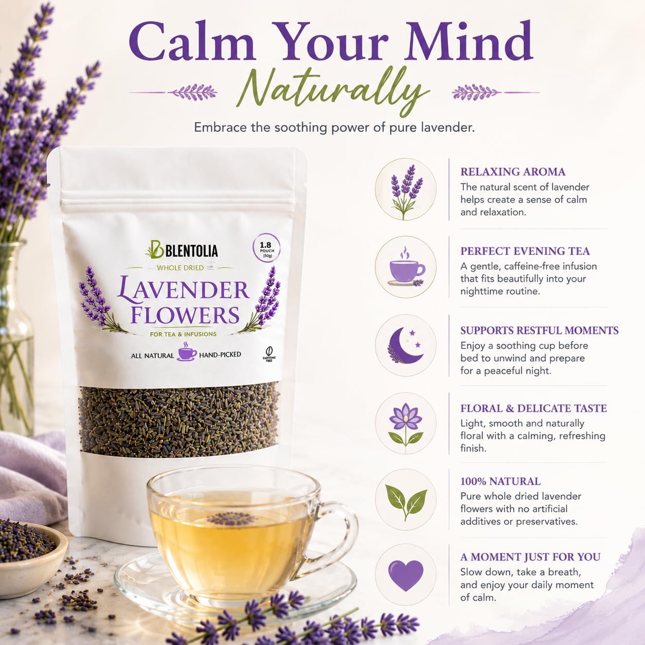 Dried Lavender – Premium Culinary Grade Lavender Buds – Whole Natural Flowers for Tea, Baking, Crafts, Skincare & Aromatherapy – 1.76 oz / 50g