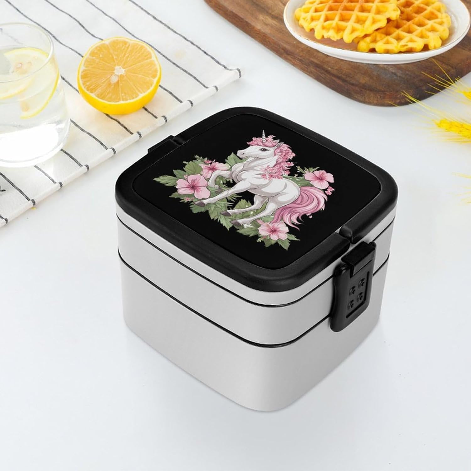 Floral Un-icorn Bento Box with Spoon 2 Layer Food Container Cute Lunch Box for Travel Dining Work