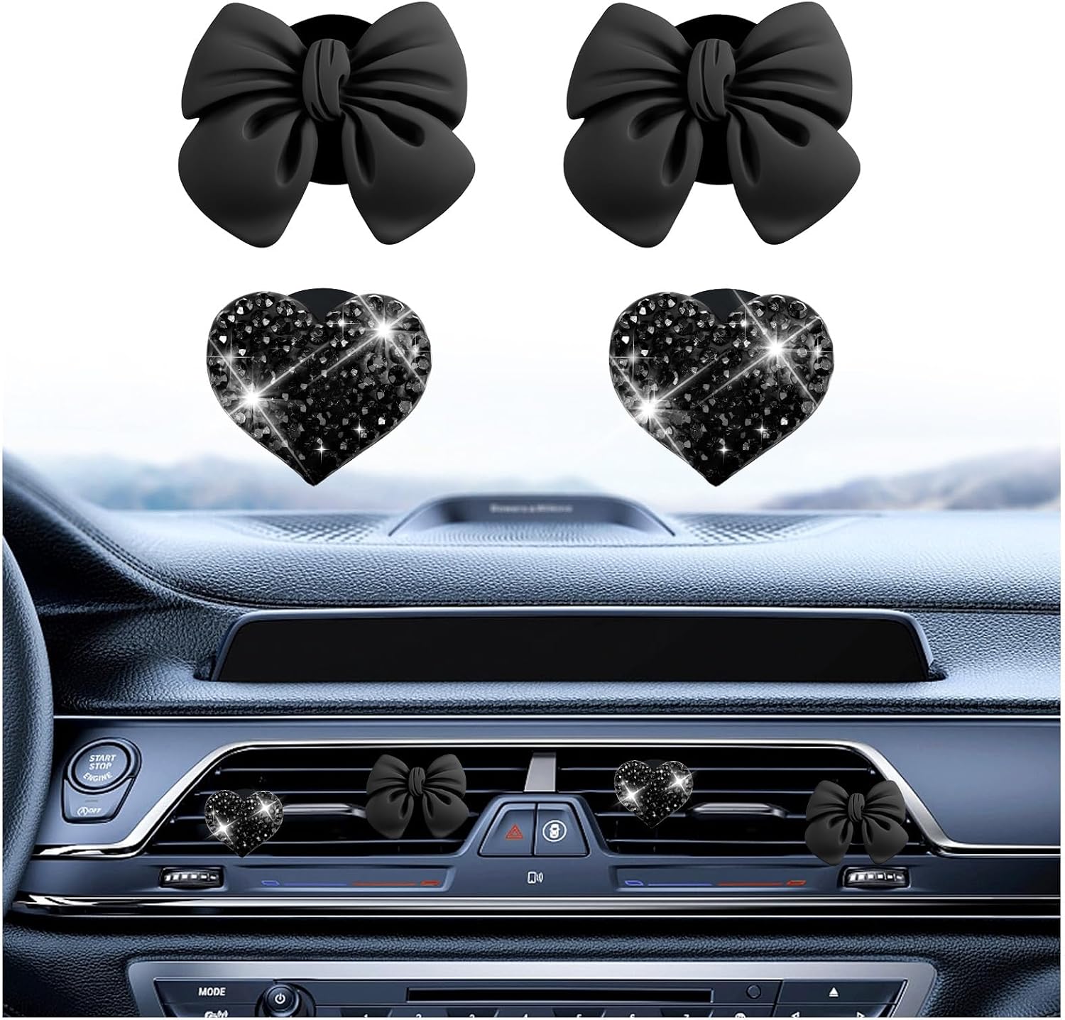 4PCS Car Vent Clips Cute Heart & Bow,Stylish Cute Air Vent Clips Car Accessories as Automotive Interior Decorations,Universal Cars Vents Clip for Most Cars,SUVs,Trucks (Black)