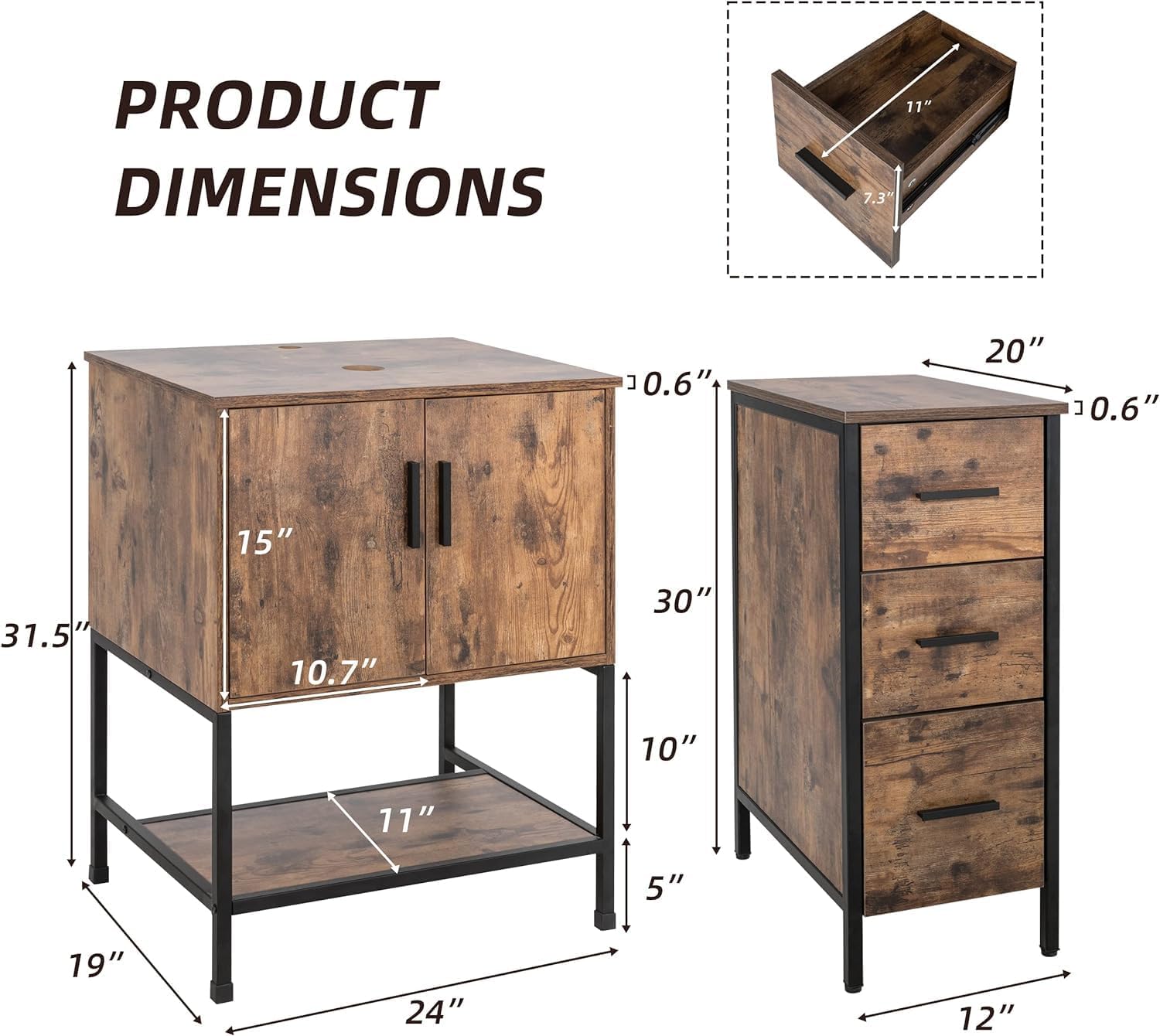 UEV 48" Antique Bathroom Vanity, Dark Brown Bathroom Vanity Set with Sink and 3 Drawers Side Cabinet Combo, Iron Wood Bathroom Cabinet with Adjustable Water Temperature Faucet (A09)