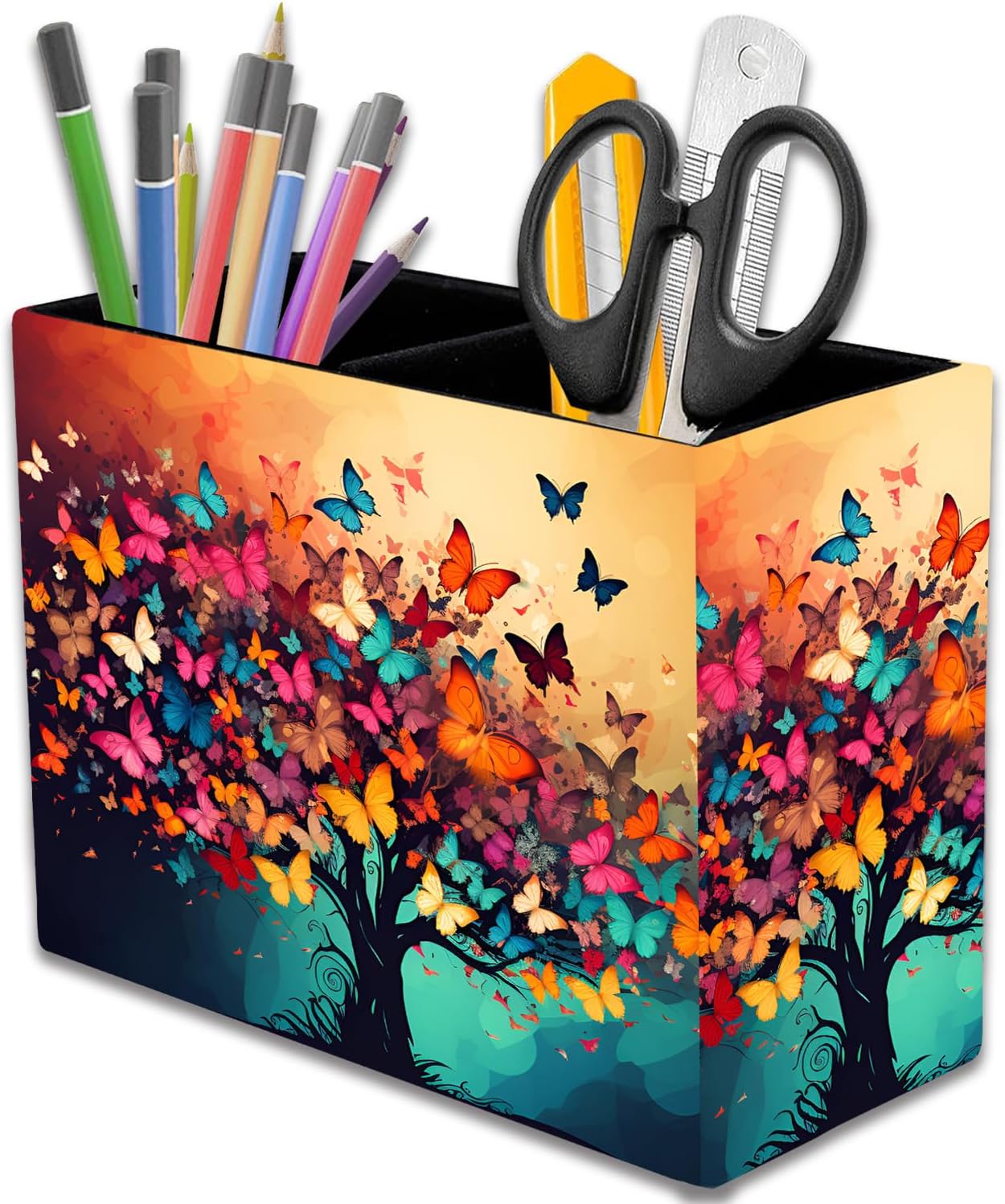 Pen Holder, 2 Compartment Leather Pen Storage Boxes, Makeup Brush Storage Box, Suitable for Office and Home Desk Accessory Storage - Colorful Tree Butterfly