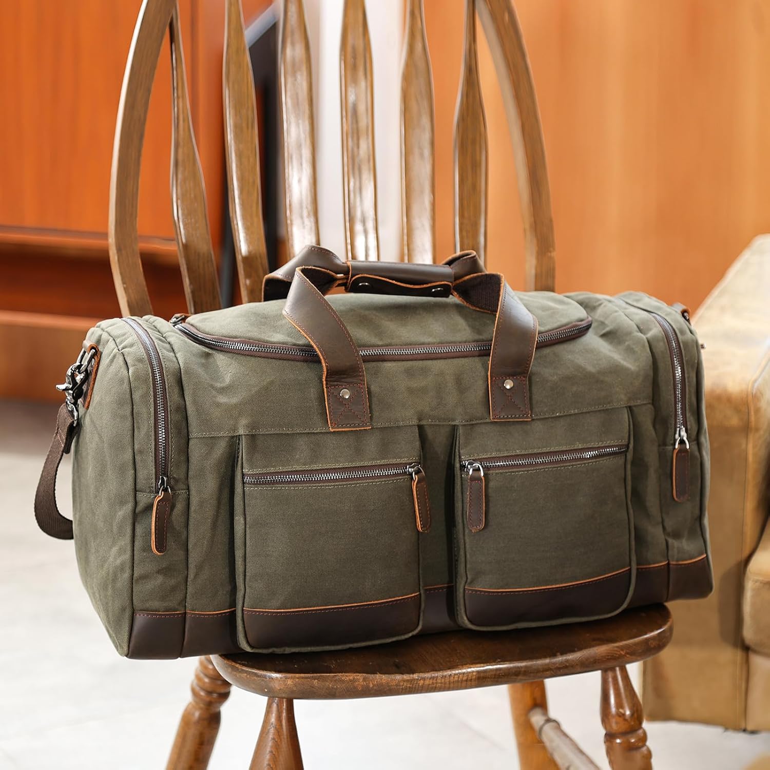 Polare 23” Waxed Canvas Cowhide Leather Waterproof Travel Duffel Bag Trim Luggage Weekender Overnight Carry on Hand Bag