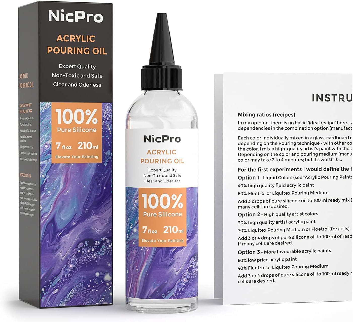 Nicpro 7 Ounce Silicone Pouring Oil for Art, Dramatic Cell Activator for Acrylic Paint Pour, 100% Silicone Medium Compatible with All Painting Acrylic or Watercolor - Come with Instruction