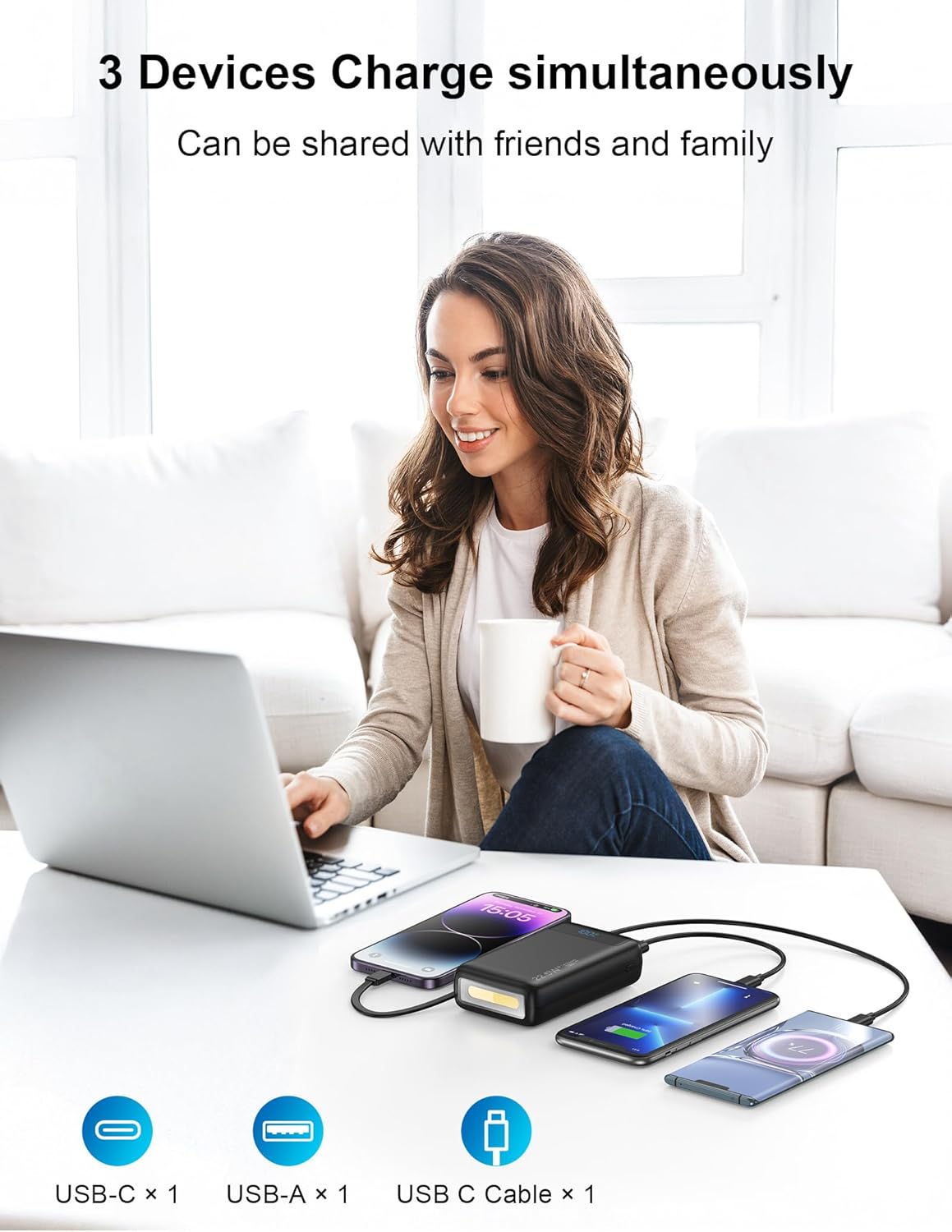 Nusyddy portable charger simultaneously charging a laptop, a smartphone via built-in cable, and another smartphone via USB-A port.