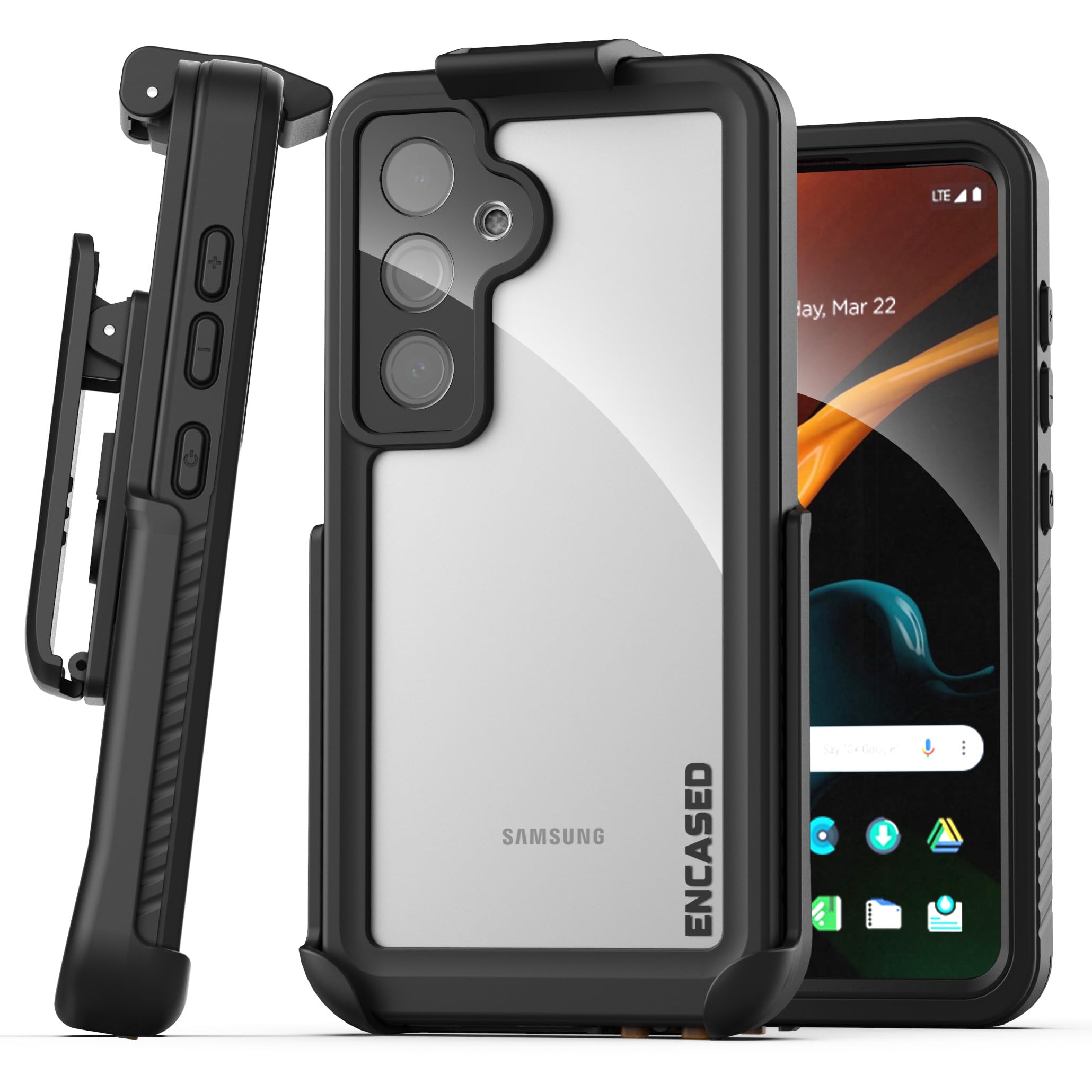 Encased Waterproof Belt Case Designed for Samsung Galaxy S24 - Full Body Protective Case with Screen Protector Built-in with Holster Clip (Clear/Black